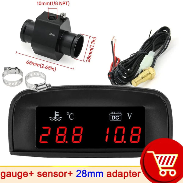 Planet Gates With 28mm adapter 1 / CHINA HD Automobile 2-in-1 LCD Instrument Horizontal Celsius Water Temperature Gauge Voltmeter Red Light Digital Instrument DC 12V~24V
