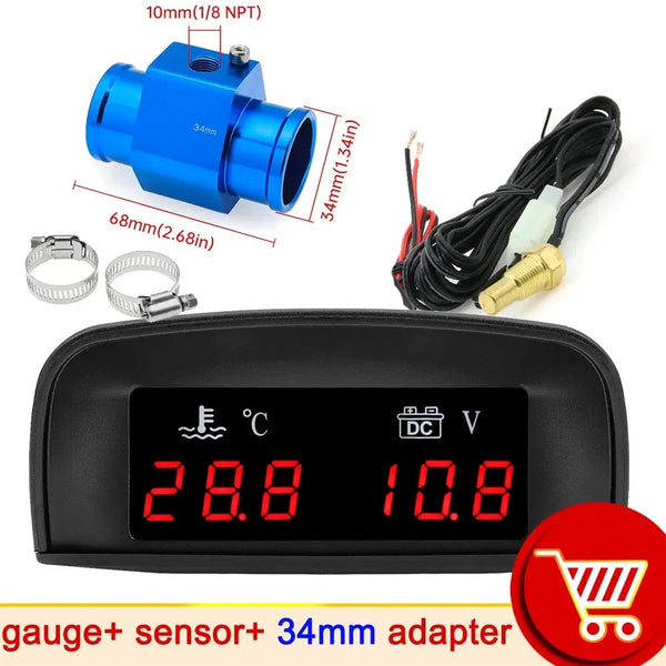 Planet Gates With 34mm adapter / CHINA HD Automobile 2-in-1 LCD Instrument Horizontal Celsius Water Temperature Gauge Voltmeter Red Light Digital Instrument DC 12V~24V