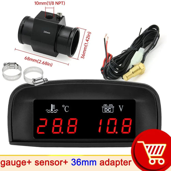Planet Gates With 36mm adapter 1 / CHINA HD Automobile 2-in-1 LCD Instrument Horizontal Celsius Water Temperature Gauge Voltmeter Red Light Digital Instrument DC 12V~24V