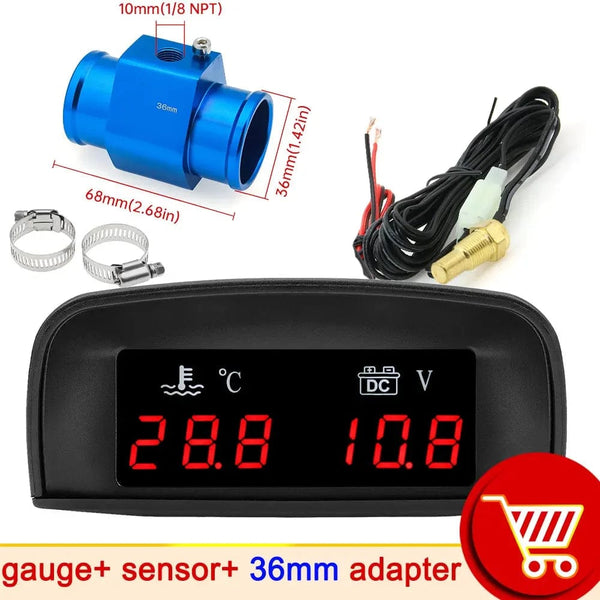 Planet Gates With 36mm adapter / CHINA HD Automobile 2-in-1 LCD Instrument Horizontal Celsius Water Temperature Gauge Voltmeter Red Light Digital Instrument DC 12V~24V