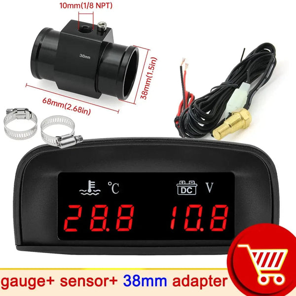Planet Gates With 38mm adapter 1 / CHINA HD Automobile 2-in-1 LCD Instrument Horizontal Celsius Water Temperature Gauge Voltmeter Red Light Digital Instrument DC 12V~24V