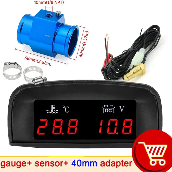 Planet Gates With 40mm adapter / CHINA HD Automobile 2-in-1 LCD Instrument Horizontal Celsius Water Temperature Gauge Voltmeter Red Light Digital Instrument DC 12V~24V