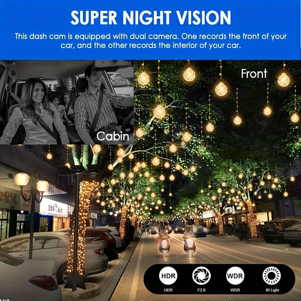 Planet Gates With 64GB Card Free 64GB Card, Dash Cam For Cars, 1080P Dual Camera, Front And Inside, 8.03 Cm IPS Screen, High Definition Night Vision Loop Record, Wide Angle