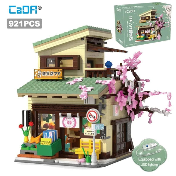 Planet Gates With box 4 Cada LED City Japanese Street View Bricks Shop LED Japanese Steamed Bun House Architecture Building Blocks Summer Cafe Toys