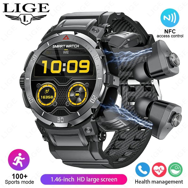 Planet Gates With Headphones / black NFC 2 In 1 Bluetooth Headset Smart Watch TWS Music Talk With Earbuds 4 Hours Of Strong Sound Effects Music Lover Men SmartWatch
