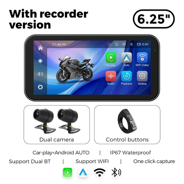 Planet Gates With recorder Portable 6.25 inch IP67 Waterproof Motorcycle GPS Navigation Wireless Carplay Android Auto DVR Drive Recorder Moto Monitor WIFI
