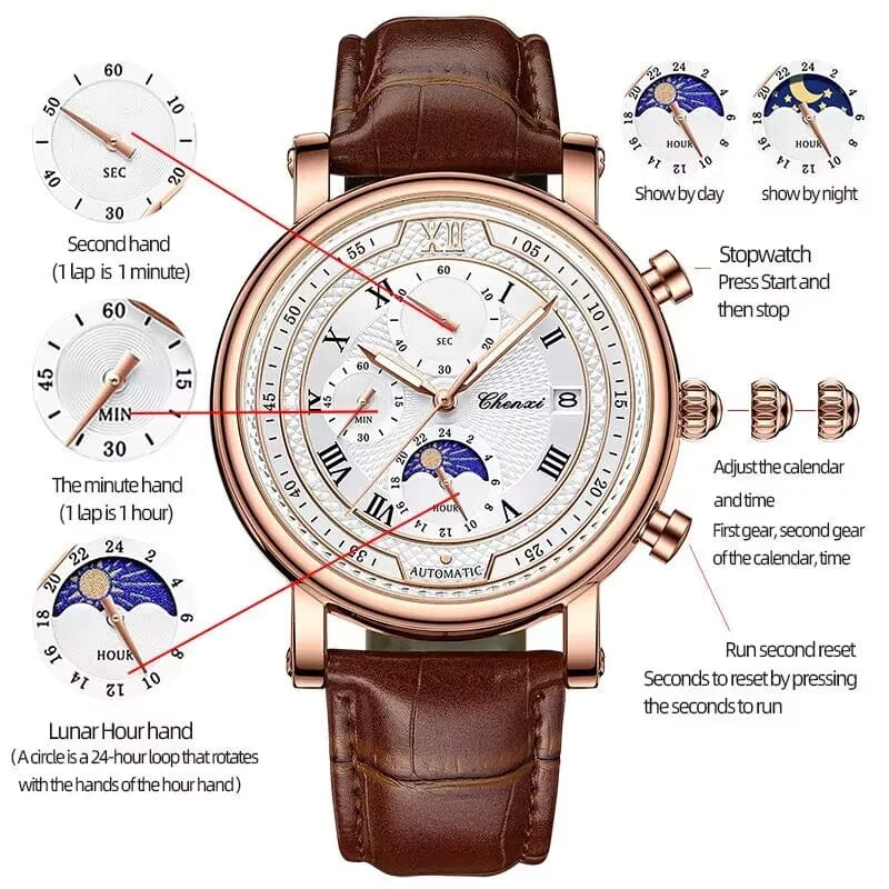 Planet Gates with Rose Shell Chenxi 976 Leather Chronograph Date Men's Phase Of The Moon Timing Business Luminous Quartz Watch Relojes para hombres