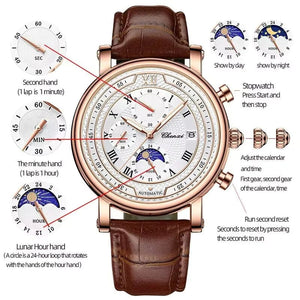Planet Gates with Rose Shell Chenxi 976 Leather Chronograph Date Men's Phase Of The Moon Timing Business Luminous Quartz Watch Relojes para hombres