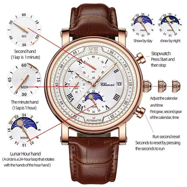Planet Gates with Rose Shell Chenxi 976 Leather Chronograph Date Men's Phase Of The Moon Timing Business Luminous Quartz Watch Relojes para hombres