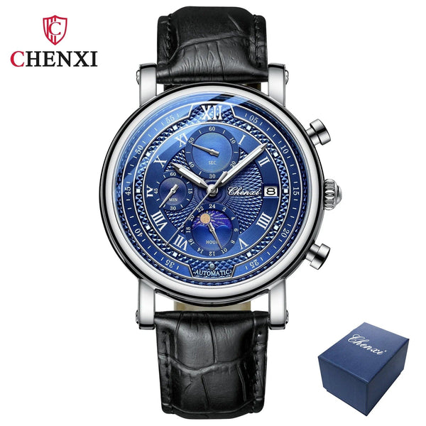 Planet Gates with Rose Shell Chenxi 976 Leather Chronograph Date Men's Phase Of The Moon Timing Business Luminous Quartz Watch Relojes para hombres
