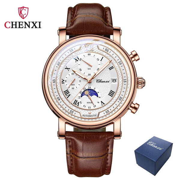 Planet Gates with Rose Shell Chenxi 976 Leather Chronograph Date Men's Phase Of The Moon Timing Business Luminous Quartz Watch Relojes para hombres