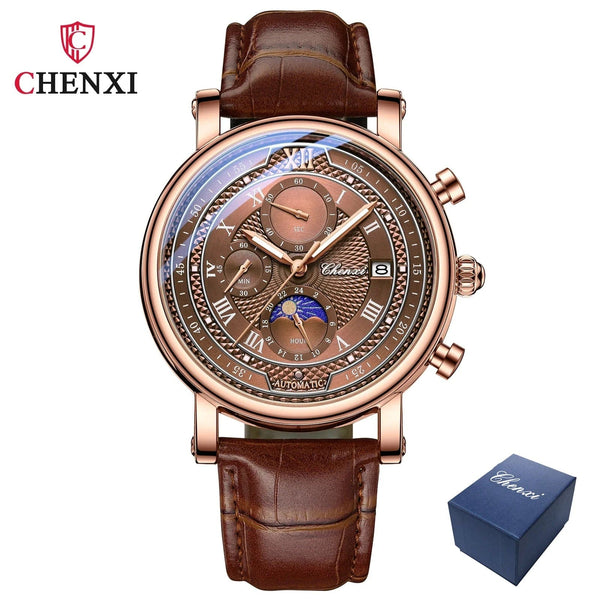Planet Gates with Rose Shell Chenxi 976 Leather Chronograph Date Men's Phase Of The Moon Timing Business Luminous Quartz Watch Relojes para hombres