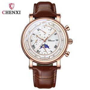 Planet Gates with Rose Shell Chenxi 976 Leather Chronograph Date Men's Phase Of The Moon Timing Business Luminous Quartz Watch Relojes para hombres