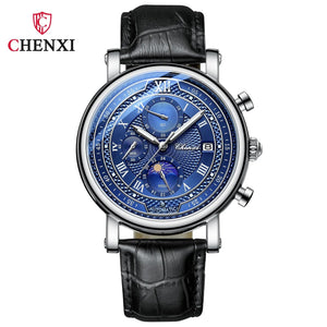 Planet Gates with Rose Shell Chenxi 976 Leather Chronograph Date Men's Phase Of The Moon Timing Business Luminous Quartz Watch Relojes para hombres