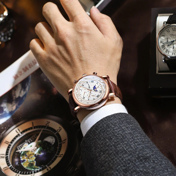Planet Gates with Rose Shell Chenxi 976 Leather Chronograph Date Men's Phase Of The Moon Timing Business Luminous Quartz Watch Relojes para hombres