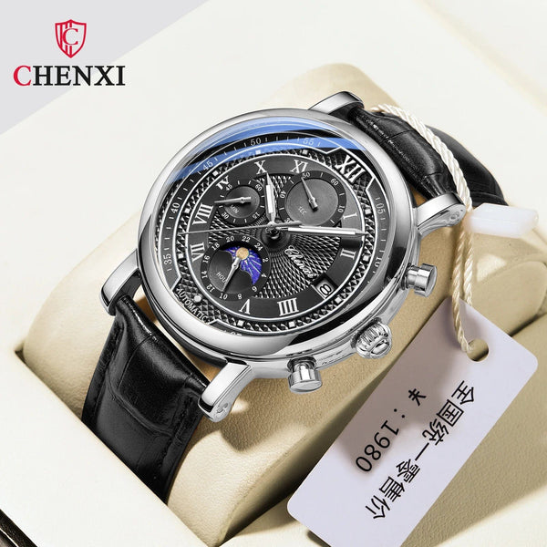 Planet Gates with Rose Shell Chenxi 976 Leather Chronograph Date Men's Phase Of The Moon Timing Business Luminous Quartz Watch Relojes para hombres