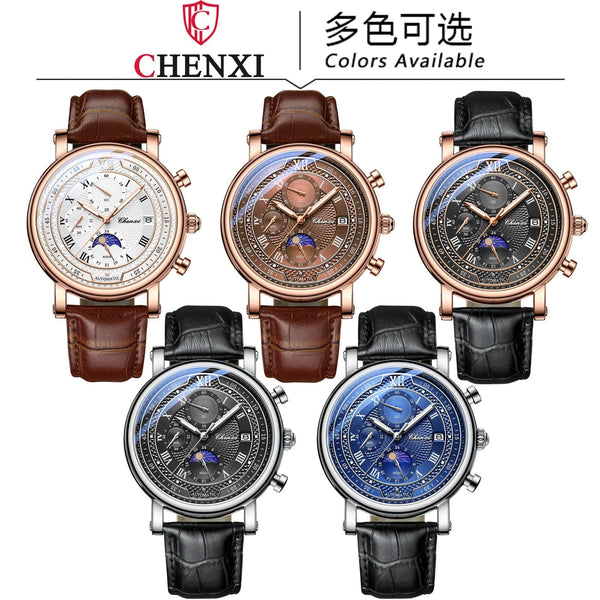 Planet Gates with Rose Shell Chenxi 976 Leather Chronograph Date Men's Phase Of The Moon Timing Business Luminous Quartz Watch Relojes para hombres