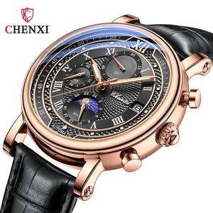 Planet Gates with Rose Shell Chenxi 976 Leather Chronograph Date Men's Phase Of The Moon Timing Business Luminous Quartz Watch Relojes para hombres