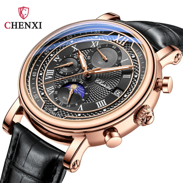 Planet Gates with Rose Shell Chenxi 976 Leather Chronograph Date Men's Phase Of The Moon Timing Business Luminous Quartz Watch Relojes para hombres
