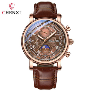 Planet Gates with Rose Shell Chenxi 976 Leather Chronograph Date Men's Phase Of The Moon Timing Business Luminous Quartz Watch Relojes para hombres