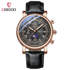 Planet Gates with Rose Shell Chenxi 976 Leather Chronograph Date Men's Phase Of The Moon Timing Business Luminous Quartz Watch Relojes para hombres