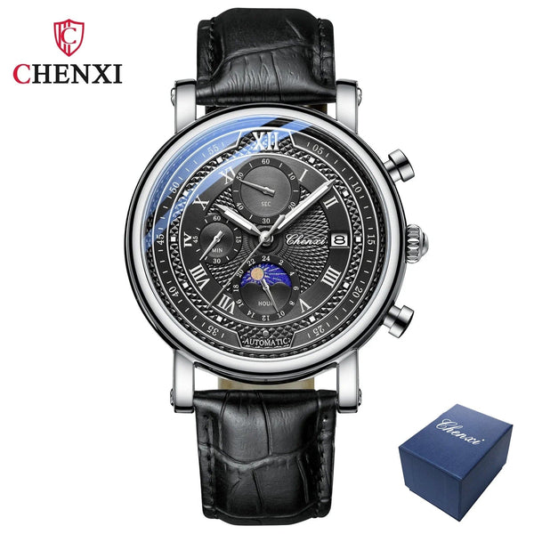 Planet Gates with Rose Shell Chenxi 976 Leather Chronograph Date Men's Phase Of The Moon Timing Business Luminous Quartz Watch Relojes para hombres