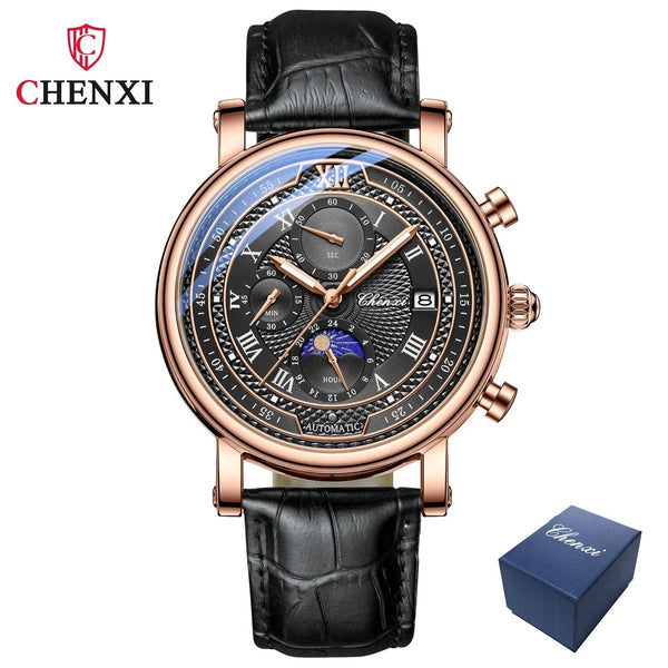 Planet Gates with Rose Shell Chenxi 976 Leather Chronograph Date Men's Phase Of The Moon Timing Business Luminous Quartz Watch Relojes para hombres