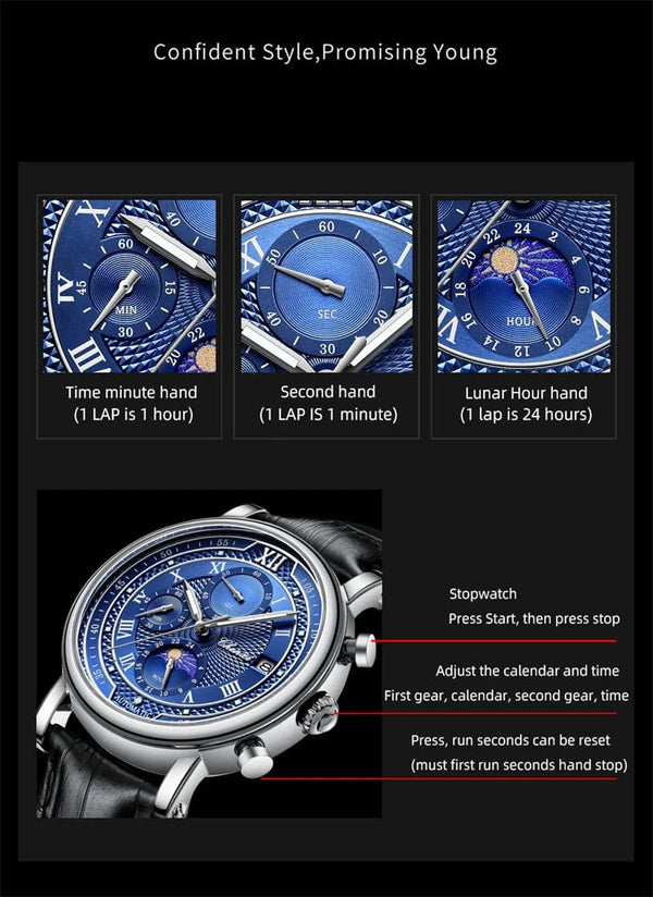 Planet Gates with Rose Shell Chenxi 976 Leather Chronograph Date Men's Phase Of The Moon Timing Business Luminous Quartz Watch Relojes para hombres