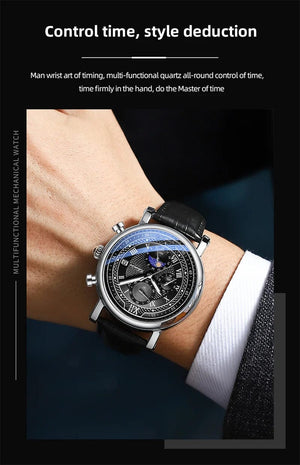 Planet Gates with Rose Shell Chenxi 976 Leather Chronograph Date Men's Phase Of The Moon Timing Business Luminous Quartz Watch Relojes para hombres