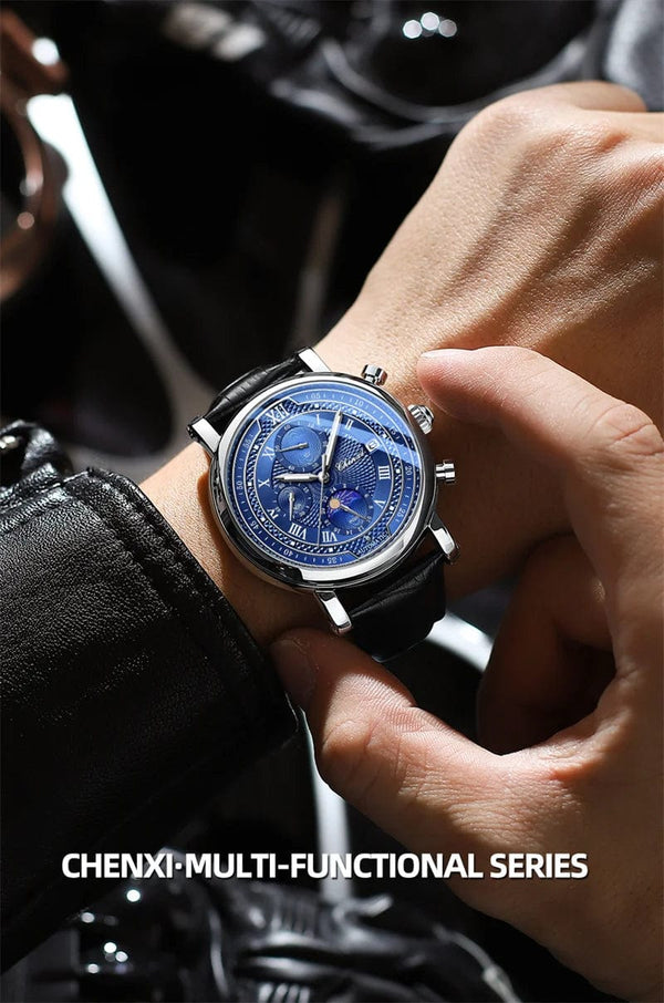 Planet Gates with Rose Shell Chenxi 976 Leather Chronograph Date Men's Phase Of The Moon Timing Business Luminous Quartz Watch Relojes para hombres