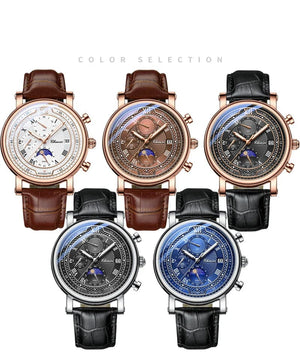 Planet Gates with Rose Shell Chenxi 976 Leather Chronograph Date Men's Phase Of The Moon Timing Business Luminous Quartz Watch Relojes para hombres