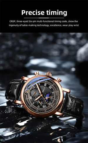 Planet Gates with Rose Shell Chenxi 976 Leather Chronograph Date Men's Phase Of The Moon Timing Business Luminous Quartz Watch Relojes para hombres