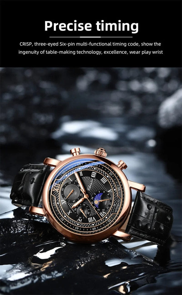 Planet Gates with Rose Shell Chenxi 976 Leather Chronograph Date Men's Phase Of The Moon Timing Business Luminous Quartz Watch Relojes para hombres