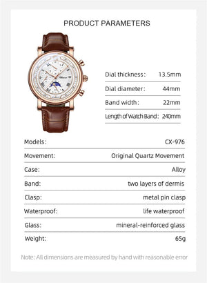 Planet Gates with Rose Shell Chenxi 976 Leather Chronograph Date Men's Phase Of The Moon Timing Business Luminous Quartz Watch Relojes para hombres