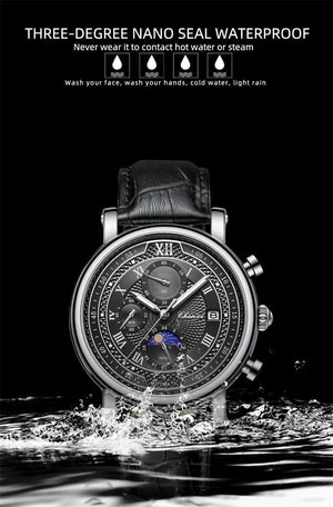 Planet Gates with Rose Shell Chenxi 976 Leather Chronograph Date Men's Phase Of The Moon Timing Business Luminous Quartz Watch Relojes para hombres