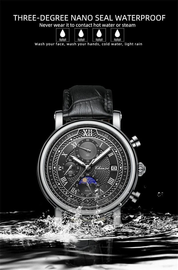 Planet Gates with Rose Shell Chenxi 976 Leather Chronograph Date Men's Phase Of The Moon Timing Business Luminous Quartz Watch Relojes para hombres