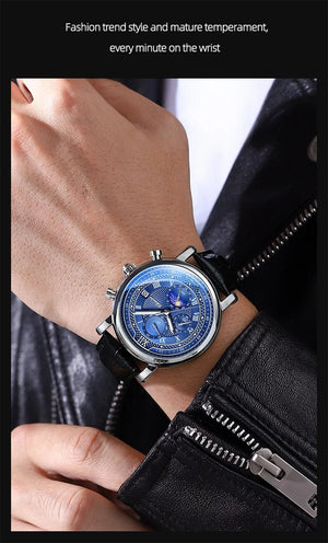 Planet Gates with Rose Shell Chenxi 976 Leather Chronograph Date Men's Phase Of The Moon Timing Business Luminous Quartz Watch Relojes para hombres