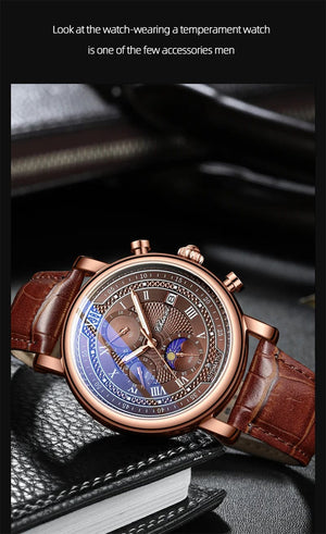 Planet Gates with Rose Shell Chenxi 976 Leather Chronograph Date Men's Phase Of The Moon Timing Business Luminous Quartz Watch Relojes para hombres