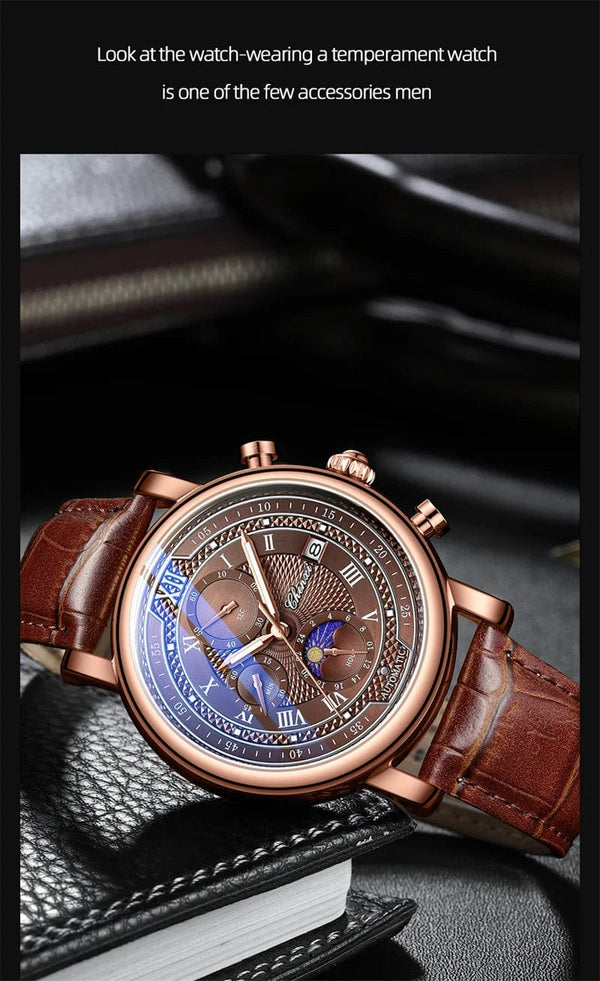 Planet Gates with Rose Shell Chenxi 976 Leather Chronograph Date Men's Phase Of The Moon Timing Business Luminous Quartz Watch Relojes para hombres