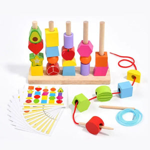 Planet Gates With Storage Board Montessori Wooden Toys Stacks Blocks Puzzle Game Colorful Beaded Fruit Color Shape Matching Early Educational Toys Gift for Kids