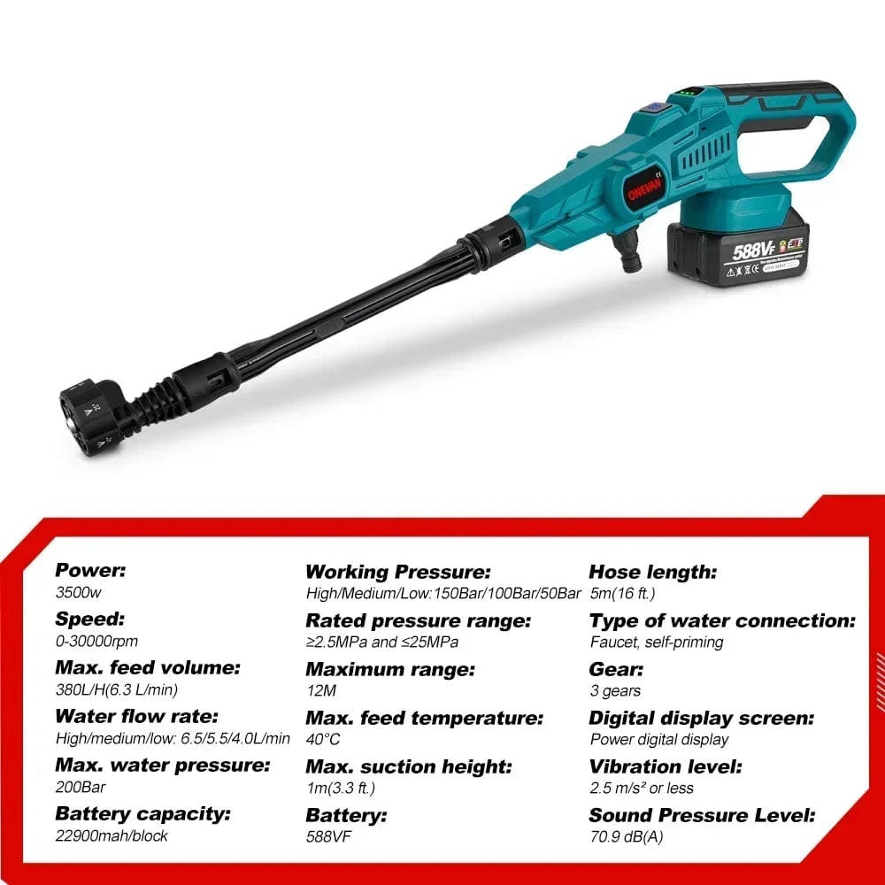 Planet Gates Without Battery ONEVAN 3500W 200Bar Brushless Electric High Pressure Washer Car Wash Water Gun Garden Irrigation Tool for Makita 18V Battery