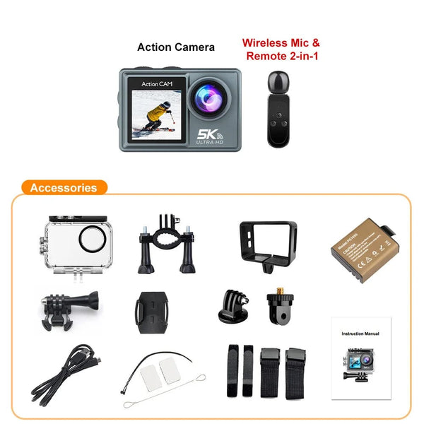 Planet Gates Without Touch Screen 1 / With 128GB Card 5K Action Camera 4K60FPS Dual IPS Touch LCD WiFi 170° 30M Waterproof 5X Zoom Anti-shake Sports Camera With Remote Control