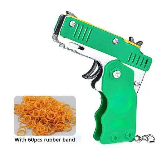 Planet Gates WJ75-4 1pcs Mini Metal Gun Folding Rubber Band Toy Outdoor Sports Keychain Toy 6 Bursts Rubber Pistol Kids Gifts Party Favor Gun Toys