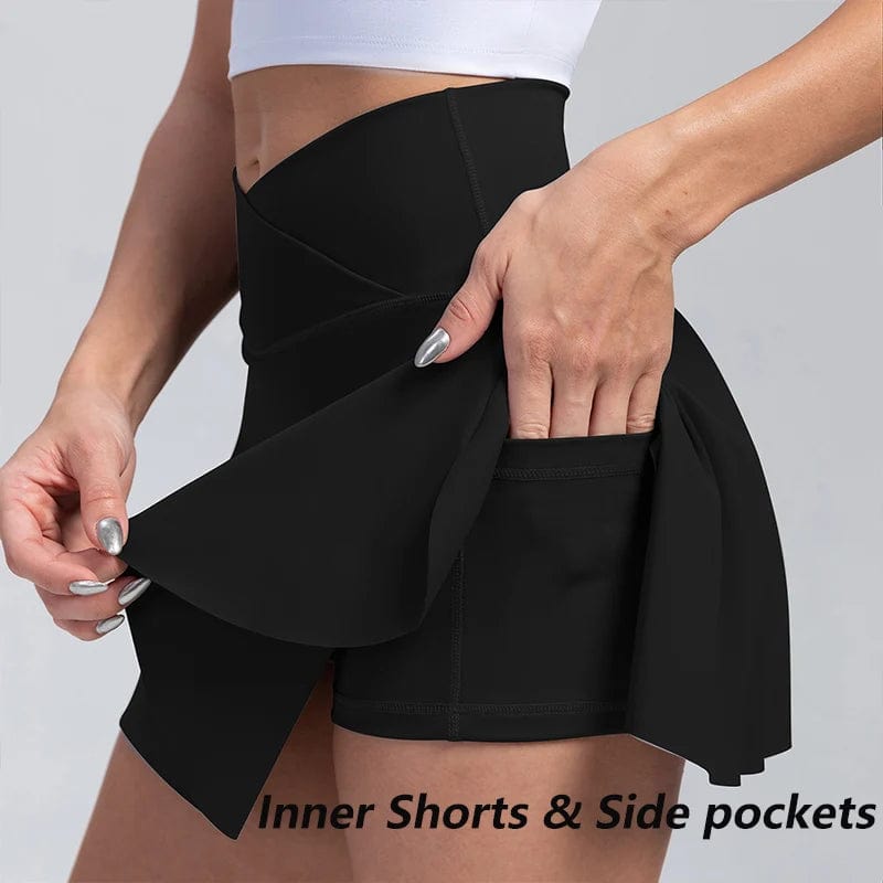Planet Gates Women Pleated Tennis Skirt with Pockets Shorts Athletic Skirts Crossover High Waisted Athletic Golf Skorts Workout Sports Skirts