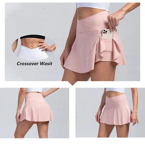 Planet Gates Women Pleated Tennis Skirt with Pockets Shorts Athletic Skirts Crossover High Waisted Athletic Golf Skorts Workout Sports Skirts