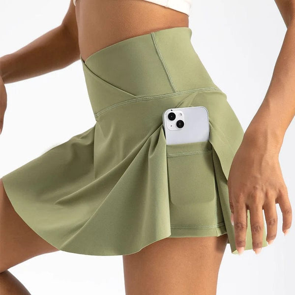 Planet Gates Women Pleated Tennis Skirt with Pockets Shorts Athletic Skirts Crossover High Waisted Athletic Golf Skorts Workout Sports Skirts