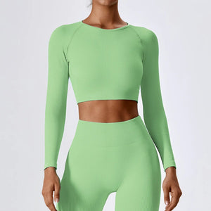 Planet Gates Women's Long Sleeve Top Ribbed Yoga Shirts Running T-Shirt Workout Running Fitness Gym Sports Top Training Crop Top Solidcolor