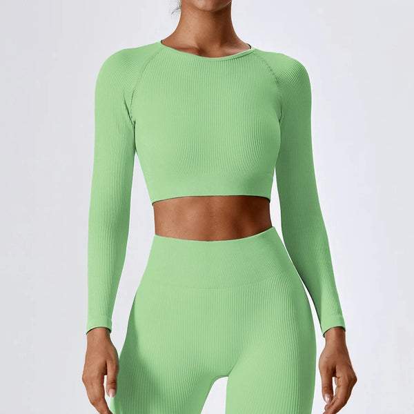 Planet Gates Women's Long Sleeve Top Ribbed Yoga Shirts Running T-Shirt Workout Running Fitness Gym Sports Top Training Crop Top Solidcolor