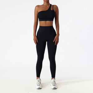 Planet Gates Women Seamless One Shoulder Yoga Set Sexy Sports Bra Workout High Waist Yoga Suit Leggings Workout Set Fitness Suits Sportswear