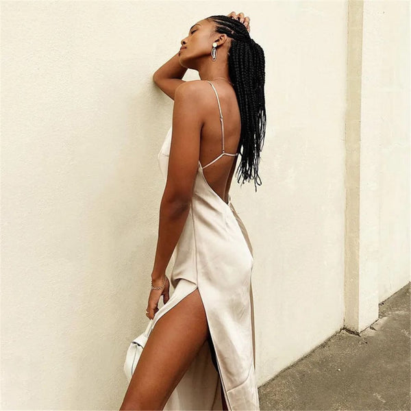 Planet Gates Women Sexy Satin Silk Split Dress Elegant V-neck Spaghetti Strap Sleeveless Backless Long Dress Evening Party Club Outfits